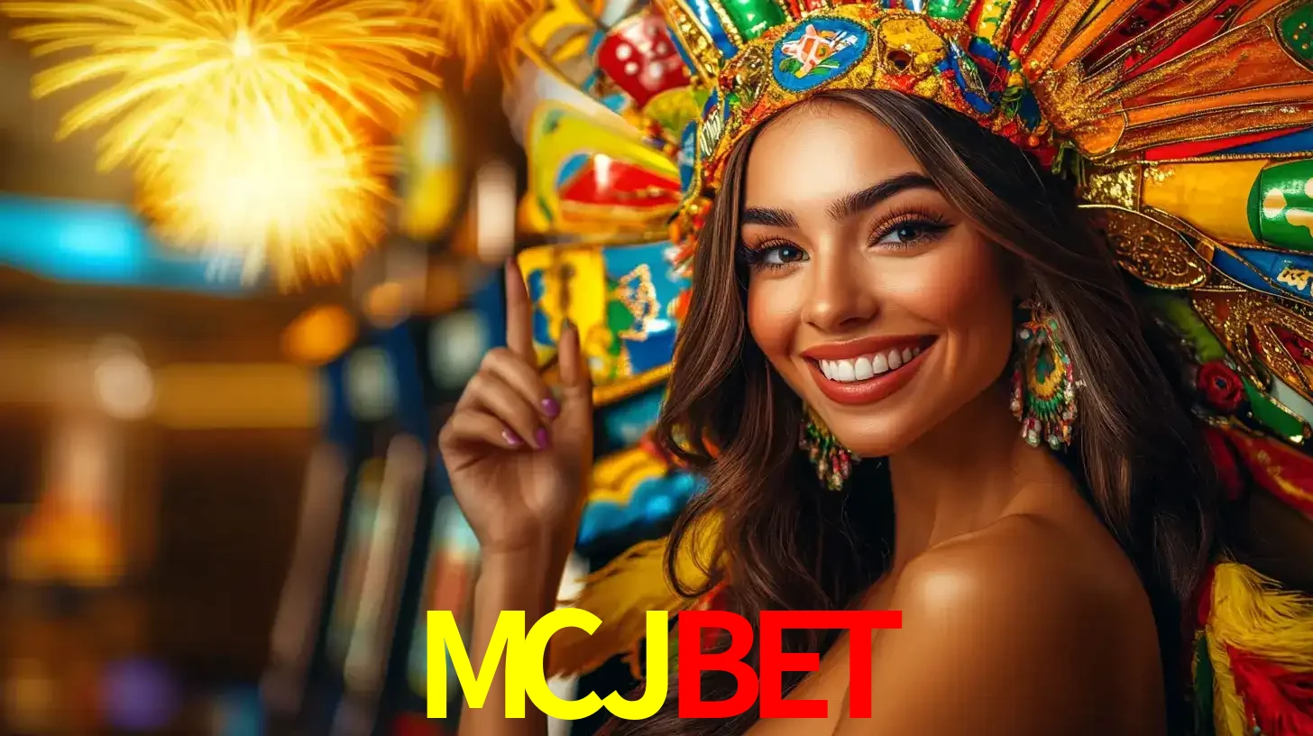 Mulher sorridente com um cocar de carnaval vibrante e colorido, celebrando uma grande vitória nos jogos do cassino MCJBET com fogos de artifício ao fundo.