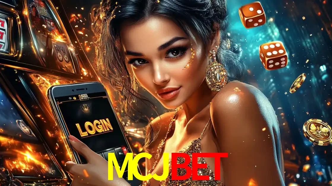 Mulher glamourosa segurando um celular com a tela de login do cassino MCJBET, rodeada por dados e moedas douradas, pronta para começar a diversão.