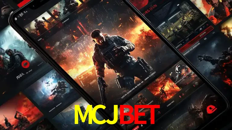 Tela de um celular exibindo uma galeria de jogos de tiro com temática militar, mostrando a variedade de e-sports disponíveis para apostas na plataforma de entretenimento MCJBET.