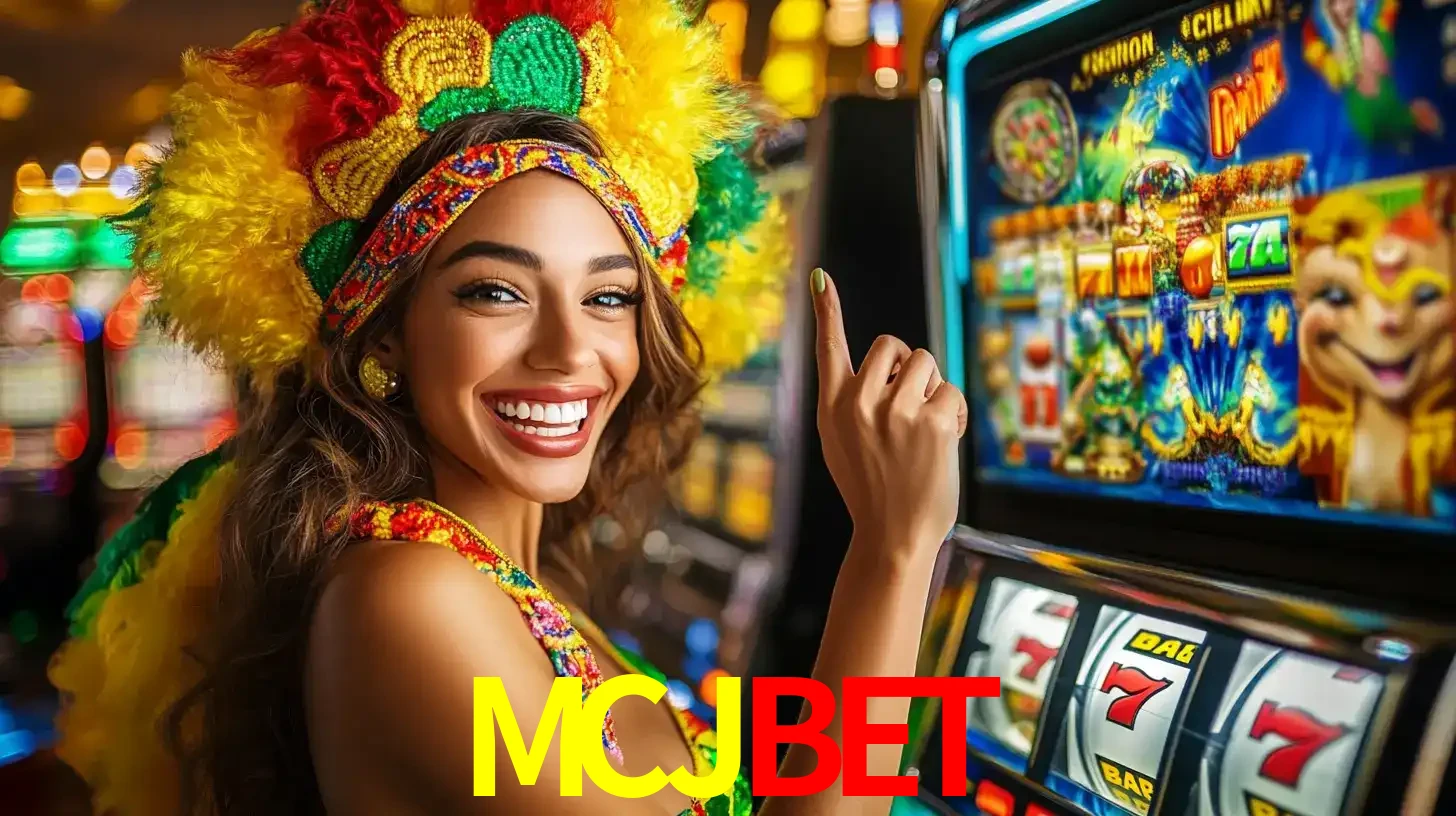 Mulher animada com um cocar de carnaval apontando para uma máquina de caça-níqueis, mostrando a emoção de ganhar um grande prêmio nos jogos do MCJBET.