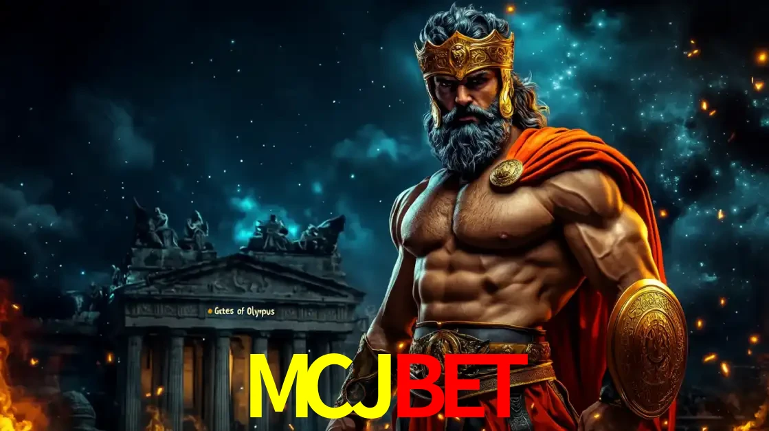 O poderoso Zeus do jogo de slot Gates of Olympus em frente ao seu templo, pronto para lançar multiplicadores divinos e prêmios épicos no cassino online MCJBET.