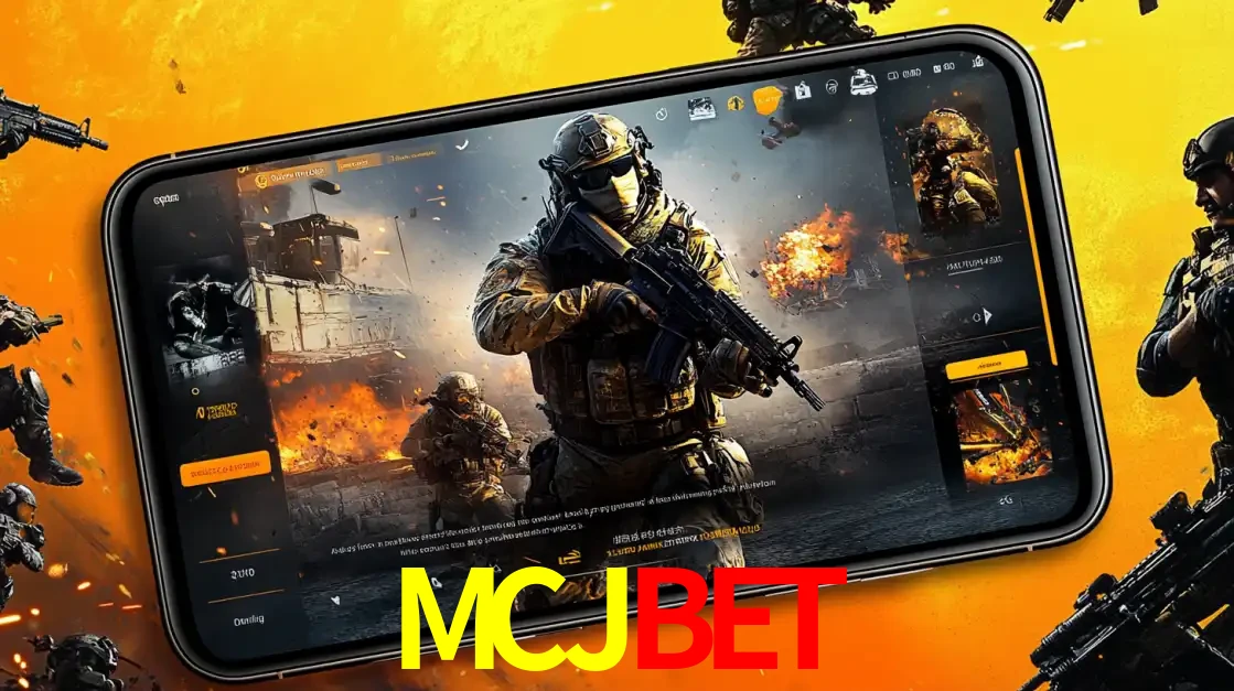 Um smartphone exibindo a interface de um jogo de tiro em primeira pessoa, com um soldado em um cenário de batalha, representando a ação dos e-sports para apostar no MCJBET.
