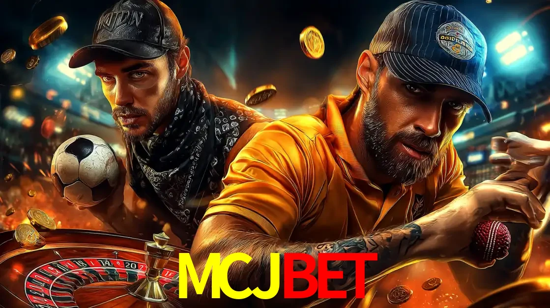 Montagem de apostas esportivas e cassino no MCJBET, com um homem segurando uma bola de futebol e outro uma de beisebol sobre uma roleta e moedas voadoras.