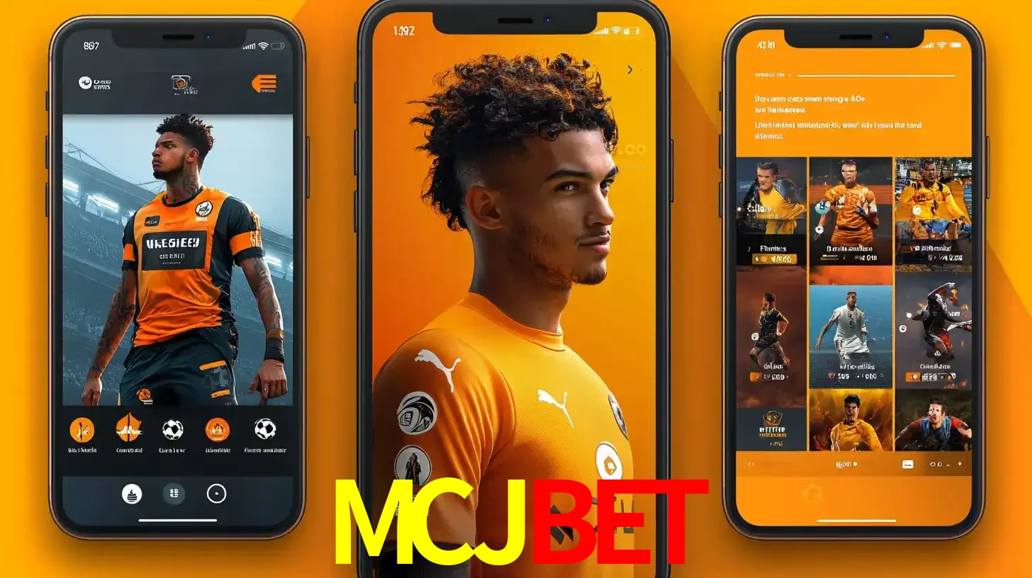 Interface do aplicativo de apostas esportivas MCJBET em três telas de celular, mostrando o perfil de um jogador de futebol e a lista de jogos disponíveis para apostar.