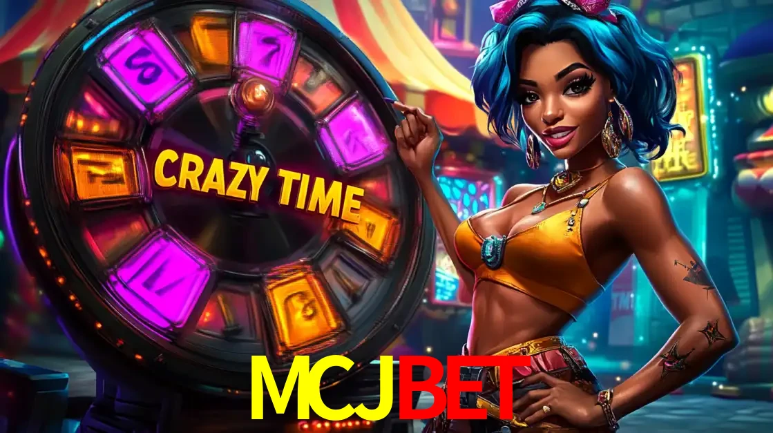 Mulher estilizada com cabelo azul e visual vibrante posando ao lado da roda de prêmios do game show Crazy Time, convidando para a diversão e os bônus do cassino MCJBET.