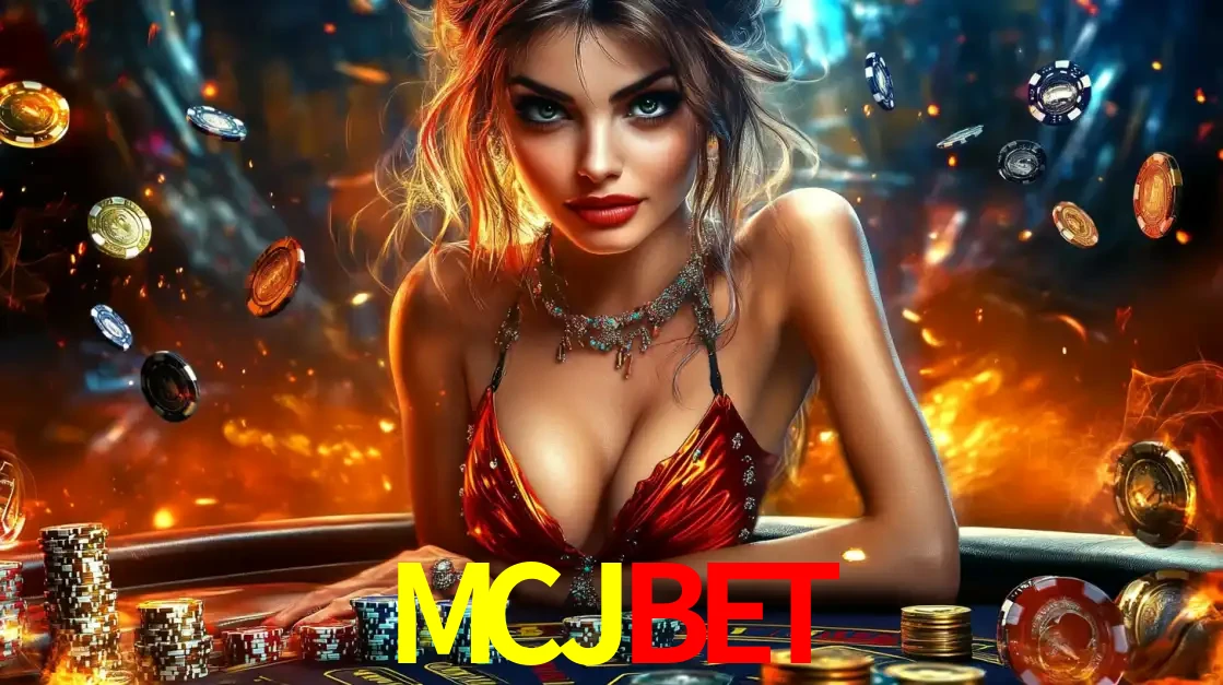 Mulher em uma mesa de cassino com pilhas de fichas e um fundo de fogo, pronta para uma rodada de altas apostas nos jogos de mesa emocionantes do cassino MCJBET.