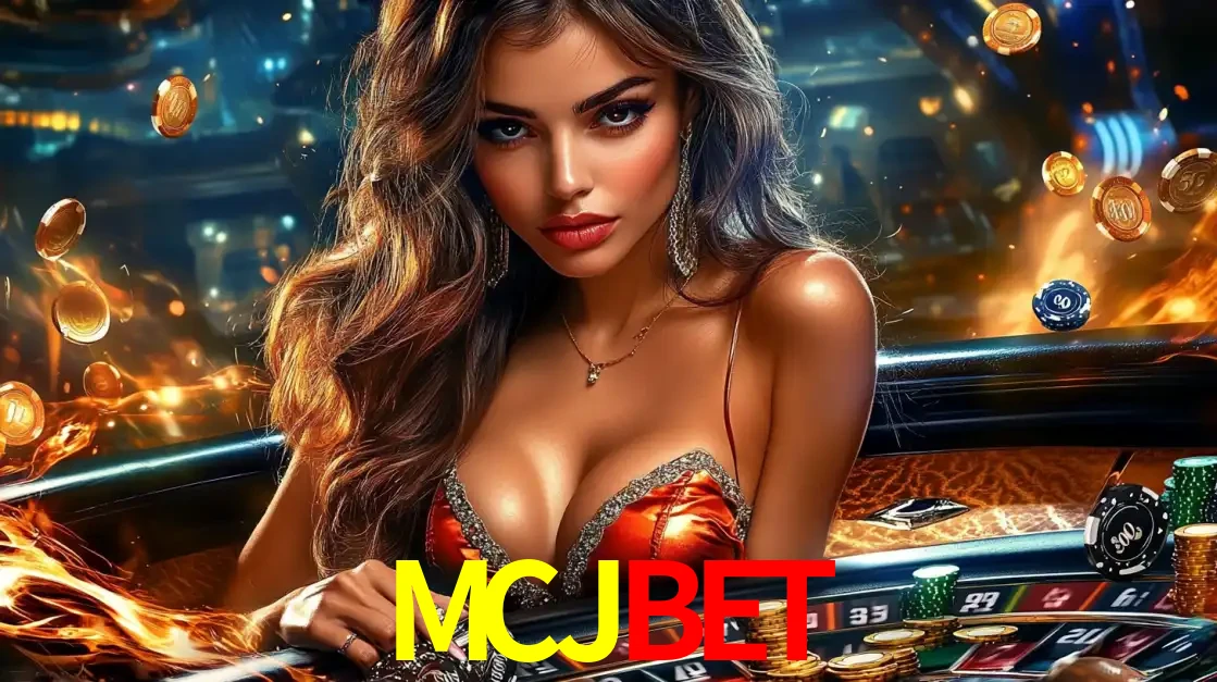 Mulher glamourosa em uma mesa de roleta com um fundo de chamas e moedas voadoras, pronta para fazer sua aposta e ganhar grandes prêmios no cassino ao vivo MCJBET.