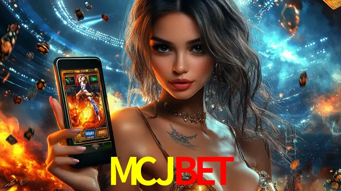 Mulher segurando um celular com um jogo de slot em destaque, tendo como fundo um estádio vibrante, simbolizando a emoção de jogar no cassino móvel MCJBET.