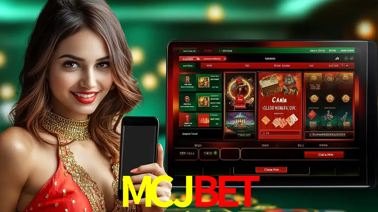Mulher sorridente segurando um smartphone, ao lado de uma tela exibindo o lobby de jogos do cassino online MCJBET, com várias opções de jogos de cartas e slots.
